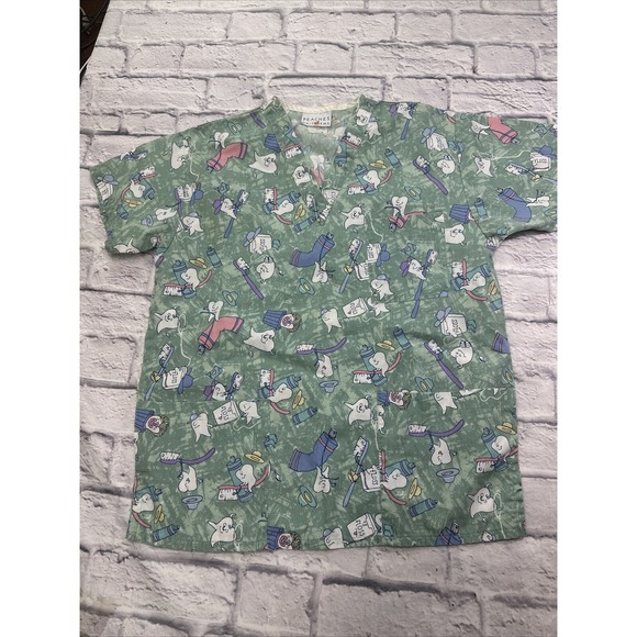 Peaches Uniforms Tops - Peaches Uniforms Dental Print Scrub Top Sage Green V-Neck Size S Teeth Floss